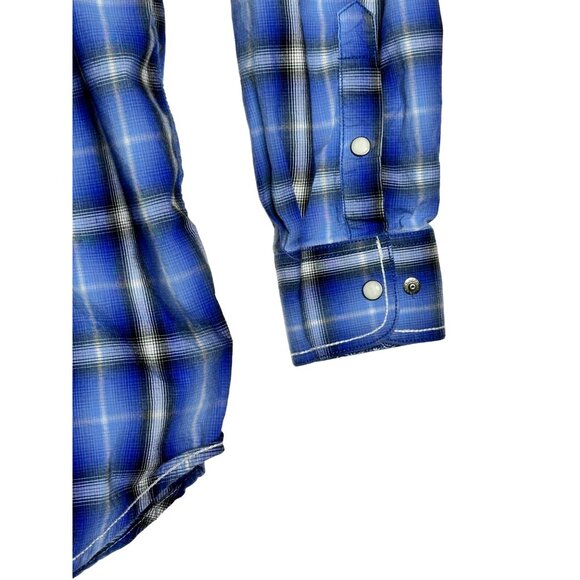 Panhandle Pearl Snap Blu Plaid L/S Button Down Shirt Mens Medium - Picture 3 of 5